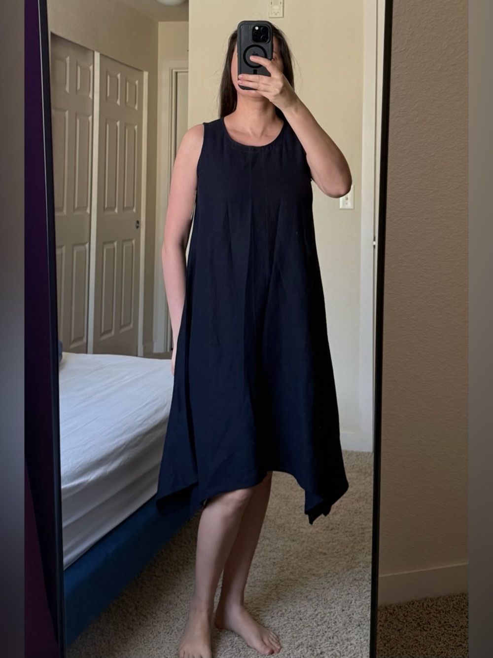 NWT For Cynthia Navy Blue Asimetric Hem Linen Blend Dress Size S